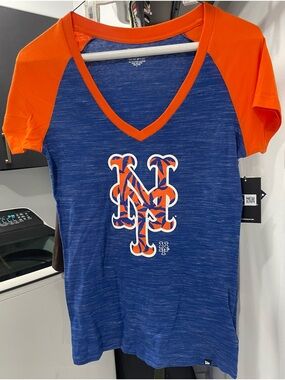 New Era Blue & Orange NY Mets V-Neck Raglan Tee
